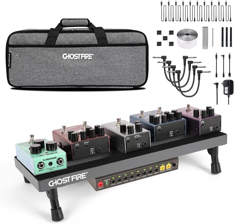 GHOSTFIRE Ghost Fire Small Powered Guitar Pedal Board Aluminum Alloy 1.5lbs Super light Foldable Effect Pedalboard19.7''x7'' with Carry Bag SPL-02, 4Pcs 6 Inch Guitar Pedal Cable with Power Supply GS10-SE - Image 1
